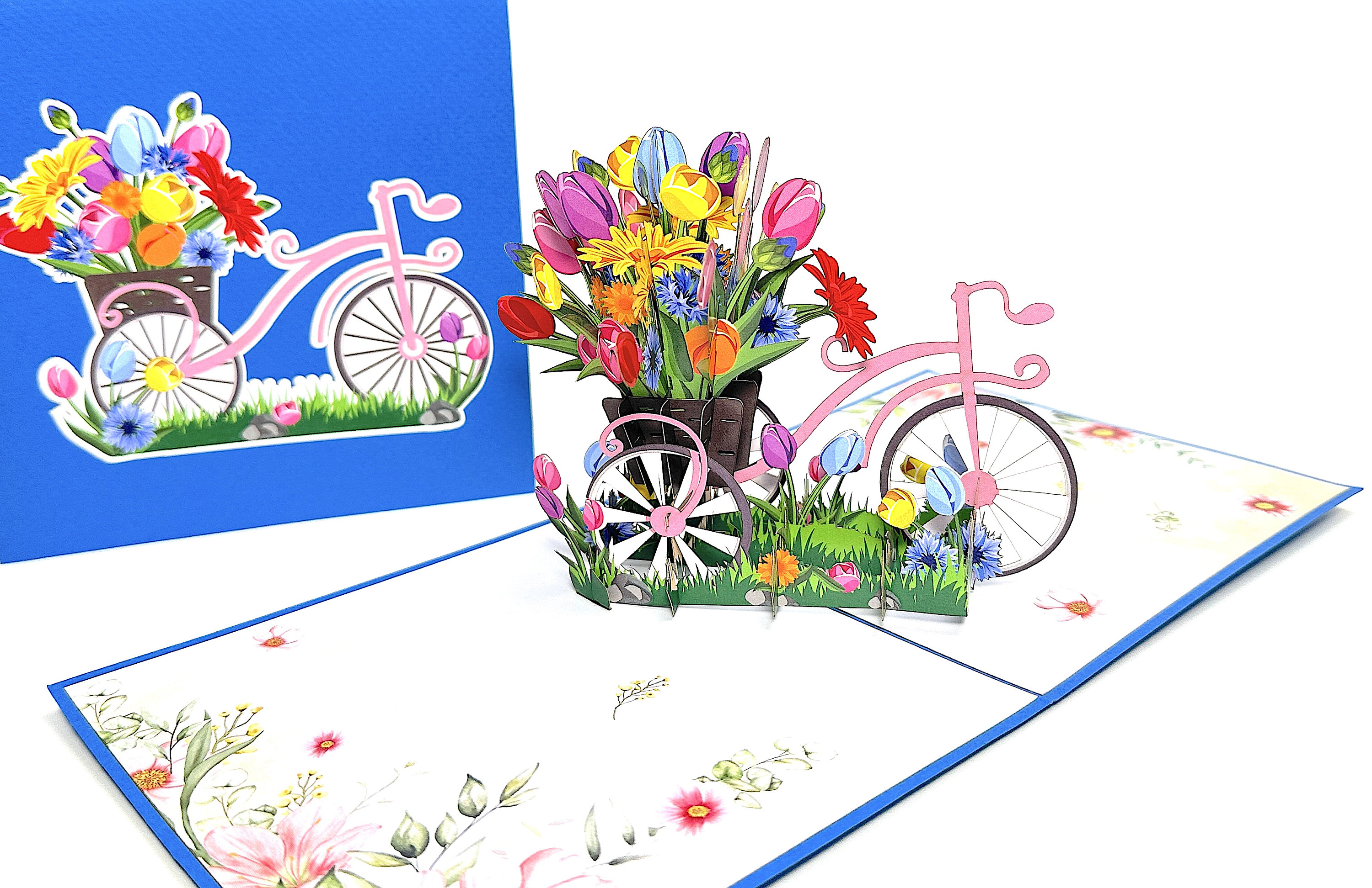 Bicycle With Tulip Basket - 3D Flower Birthday Card - 3D Pop Up Tulips Card - Valentines Pop Up Card - Tulips Get Well Card - Good Luck Card