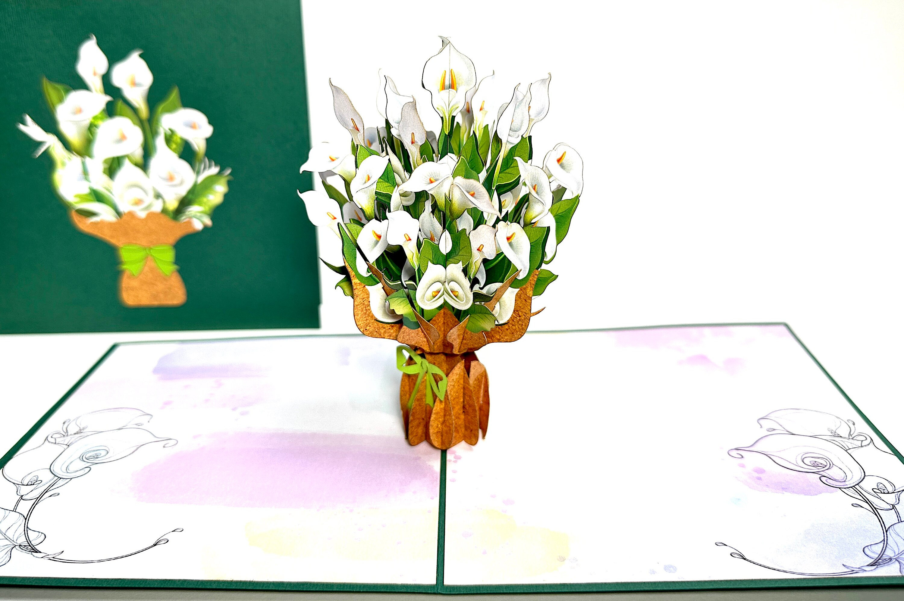 White Calla Lilies - Mother's Day Card - 3D Pop Up Lily Flower Bouquet Card - Pop Up Floral Thank You Card- Get Well Card - Good Luck Card